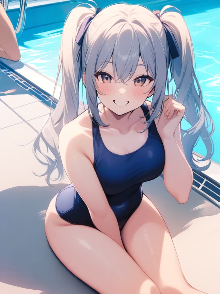  women's elementary students, twin tails, rich smiles, cute smiles, navy blue swimwear, old swimwear, swimwear, simple, male, shaped clear , shaped clear, clear stem, shaped crisp, male bulge,, front. the whole body, pool side,