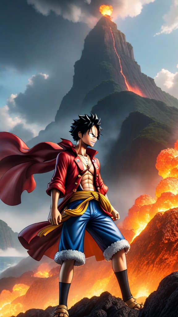  one piece's luffy on a cliff, activating gear 5, glowing intensely, facing admiral akainu amidst molten lava, anime art hyperrealistic, full body, detailed clothing, highly detailed, cinematic lighting, stunningly beautiful, intricate, sharp focus, f/1. 8, 85mm, (centered image composition), (professionally color graded), ((bright soft diffused light)), volumetric fog, trending on instagram, trending on tumblr, HDR 4K, 8K