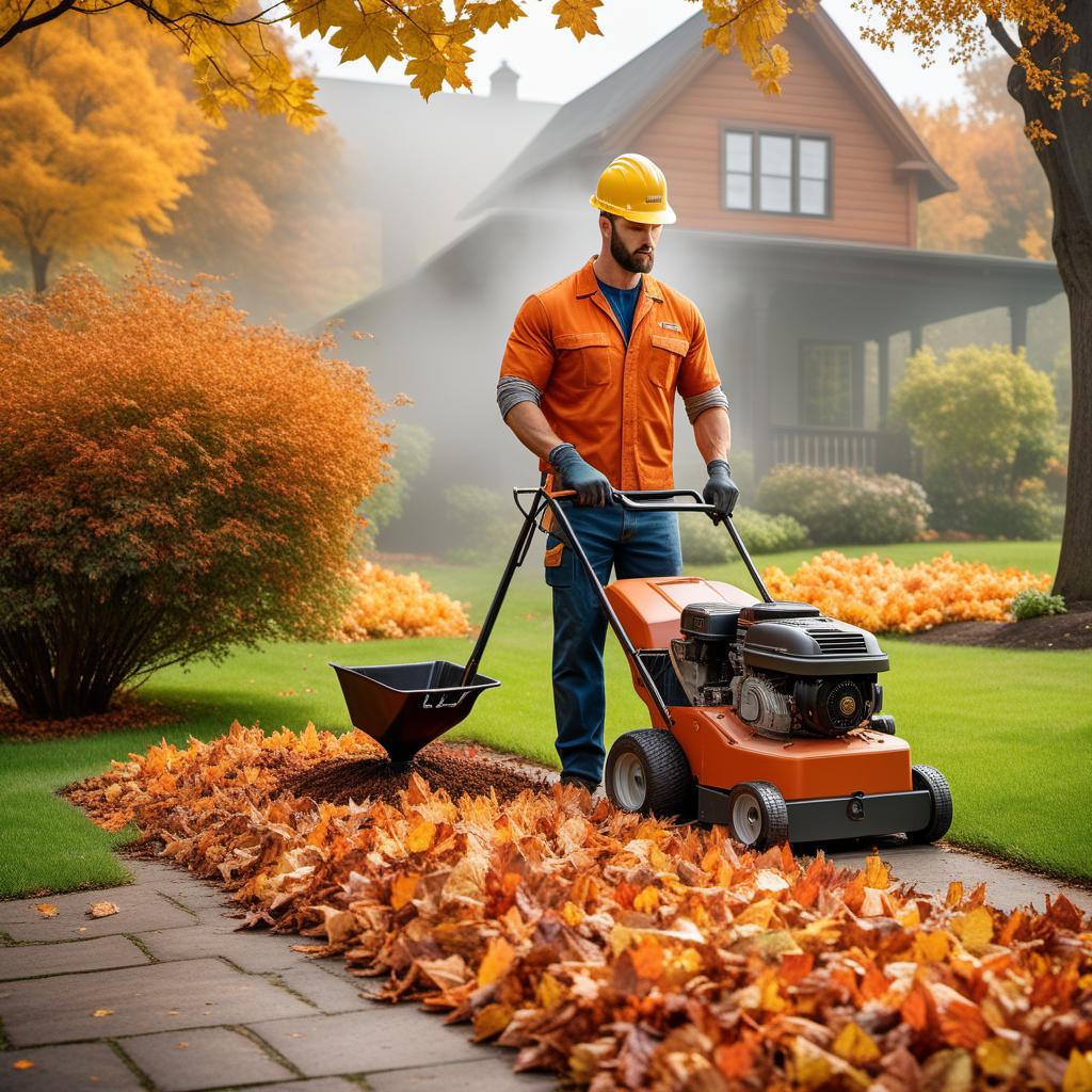  Create a Facebook post image to promote fall cleanup services. Include the text 'Fall Cleanup Services' prominently. In smaller text, add the location names: Marine City, Saint Clair, Marysville, Algonac, Clay, Ira, Port Huron, East China, and surrounding areas. Use autumn colors like orange, yellow, and brown. Include images of autumn leaves, cleaning equipment, and a professional worker doing yard work. hyperrealistic, full body, detailed clothing, highly detailed, cinematic lighting, stunningly beautiful, intricate, sharp focus, f/1. 8, 85mm, (centered image composition), (professionally color graded), ((bright soft diffused light)), volumetric fog, trending on instagram, trending on tumblr, HDR 4K, 8K