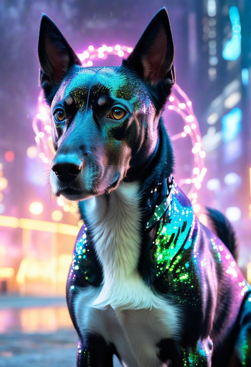  cinematic photo photorealism. a sparkling holographic kelpie, its luminous mane shimmers like cosmic stardust, refracting vivid rainbow hues with each movement. the digital anime artwork captures this mythical creature in a dynamic pose, showcasing its sleek, aquatic form against a futuristic backdrop. the intricately detailed scales glint with pixelated precision, while virtual water droplets cascade elegantly off its silvery skin. this stunning image exudes an otherworldly charm, mesmerizing viewers with its magical, hi tech allure. . 35mm photograph, film, bokeh, professional, 4k, highly detailed, film photography style hyperrealistic, full body, detailed clothing, highly detailed, cinematic lighting, stunningly beautiful, intricate, sharp focus, f/1. 8, 85mm, (centered image composition), (professionally color graded), ((bright soft diffused light)), volumetric fog, trending on instagram, trending on tumblr, HDR 4K, 8K