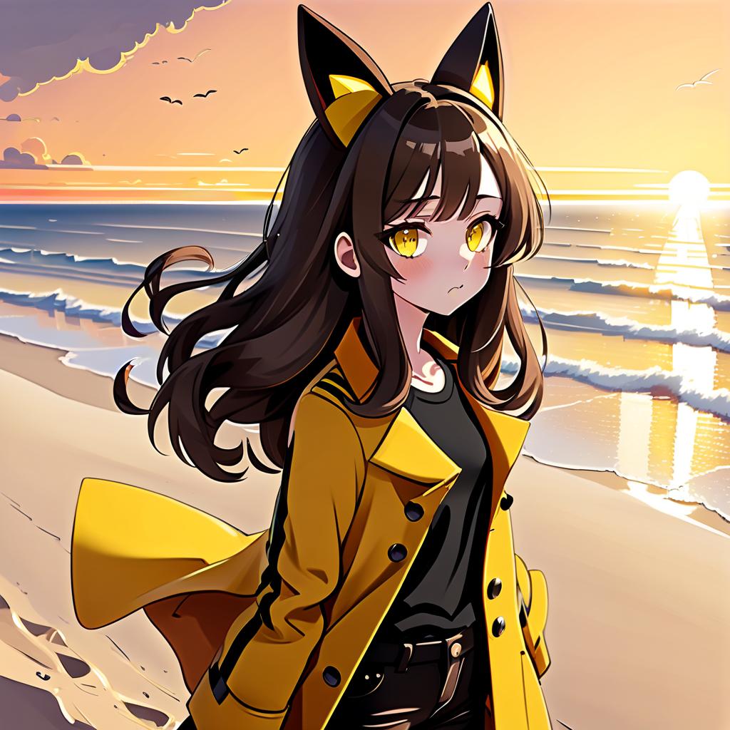  constructivist style an anime style girl with anime ears stands on the beach, where soft sand stretches to the horizon. she has long dark brown hair, which flies slightly in the breeze. her face, with pronounced jewish and slavic features, radiates lively energy. brown eyes are full of deep emotions, as if reflecting the vast expanses of the ocean. she has a bright yellow coat, which seems to shine, catching the eye and contrasting with the soft shades of the sunset. under her coat she wears a black shirt and black pants are decorated with yellow elements, creating a stylish and dynamic look. the sunset blooms in the sky, turning the surrounding space into a magical spectacle. the bright red rays of the sun fall on the terrain in stripes, h