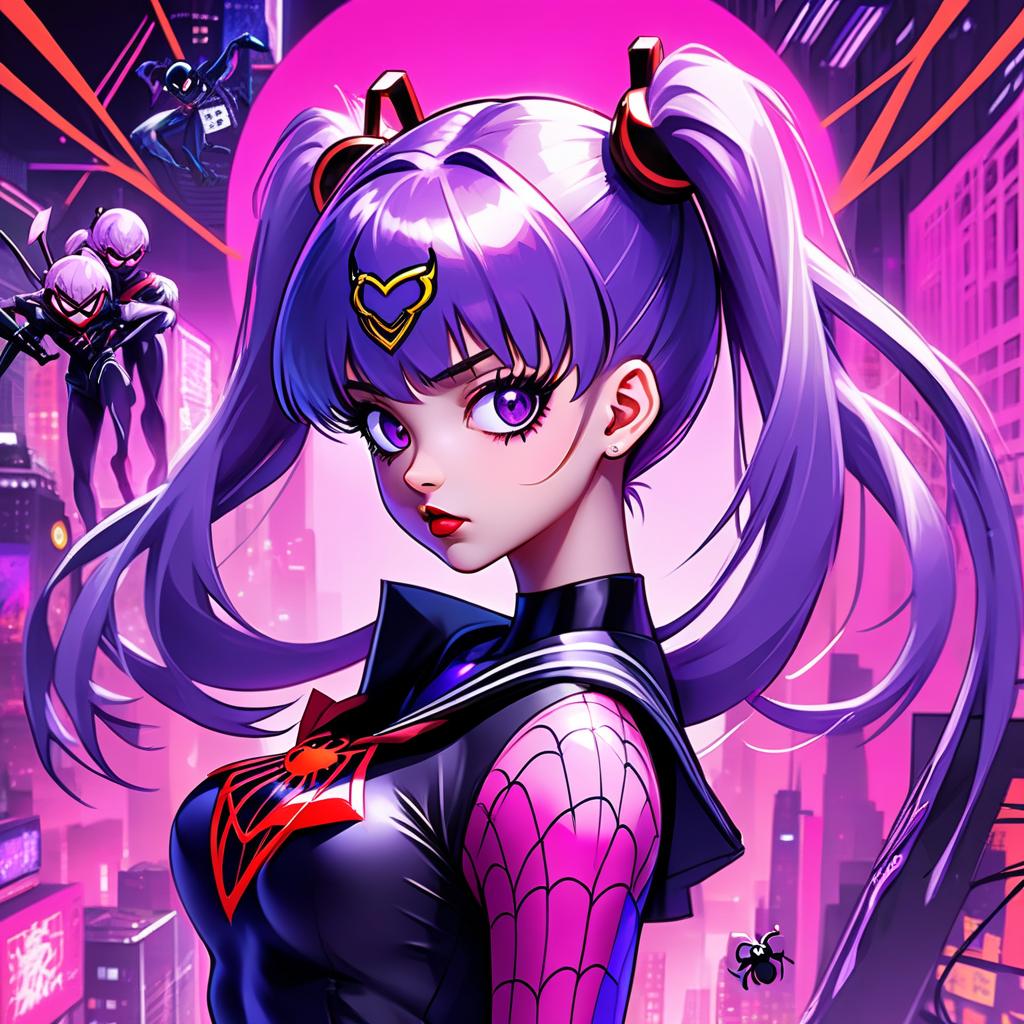  anime artwork gothic style, anime, girl with purple hair, one ponytail on her head, sailor moon costume, gwen stacey costume, spider, spider man, cyberpunk, neon, gothic makeup, frowny face . anime style, key visual, vibrant, studio anime, highly detailed, hkmagic