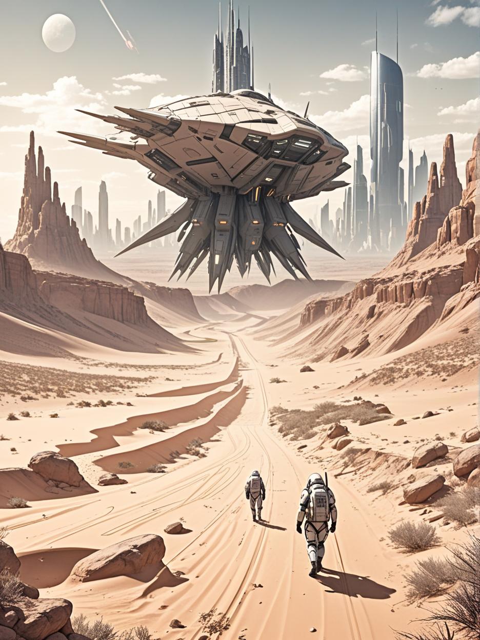  manga artwork create an image of a desert with futuristic military bases and a background energy barrier with skyscrapers holding it. manga artist. manga, highly emotional. best quality, high resolution