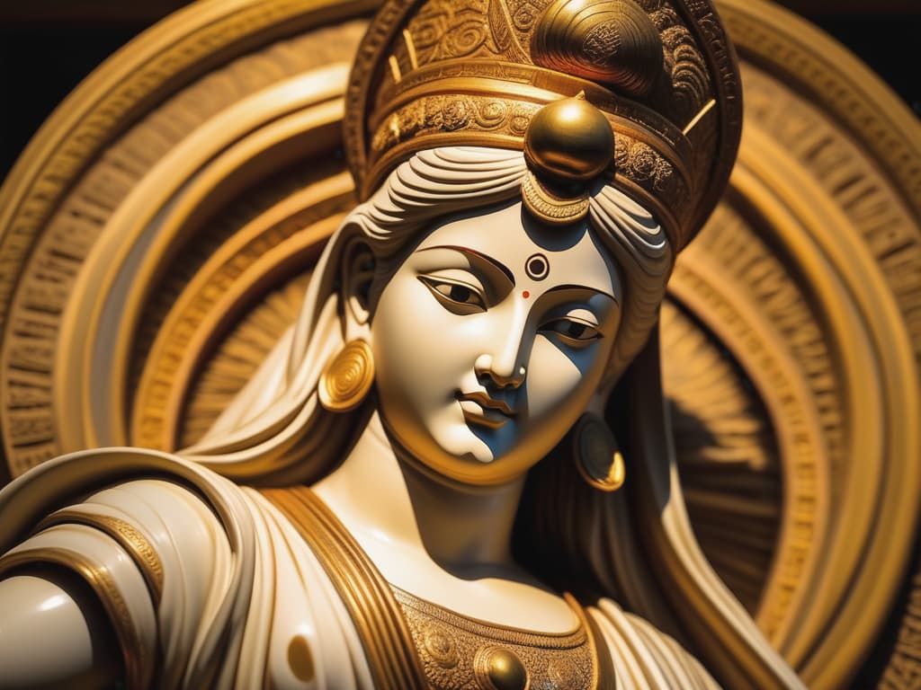  beautiful close up of an ancient eastern statue, serene divine expression