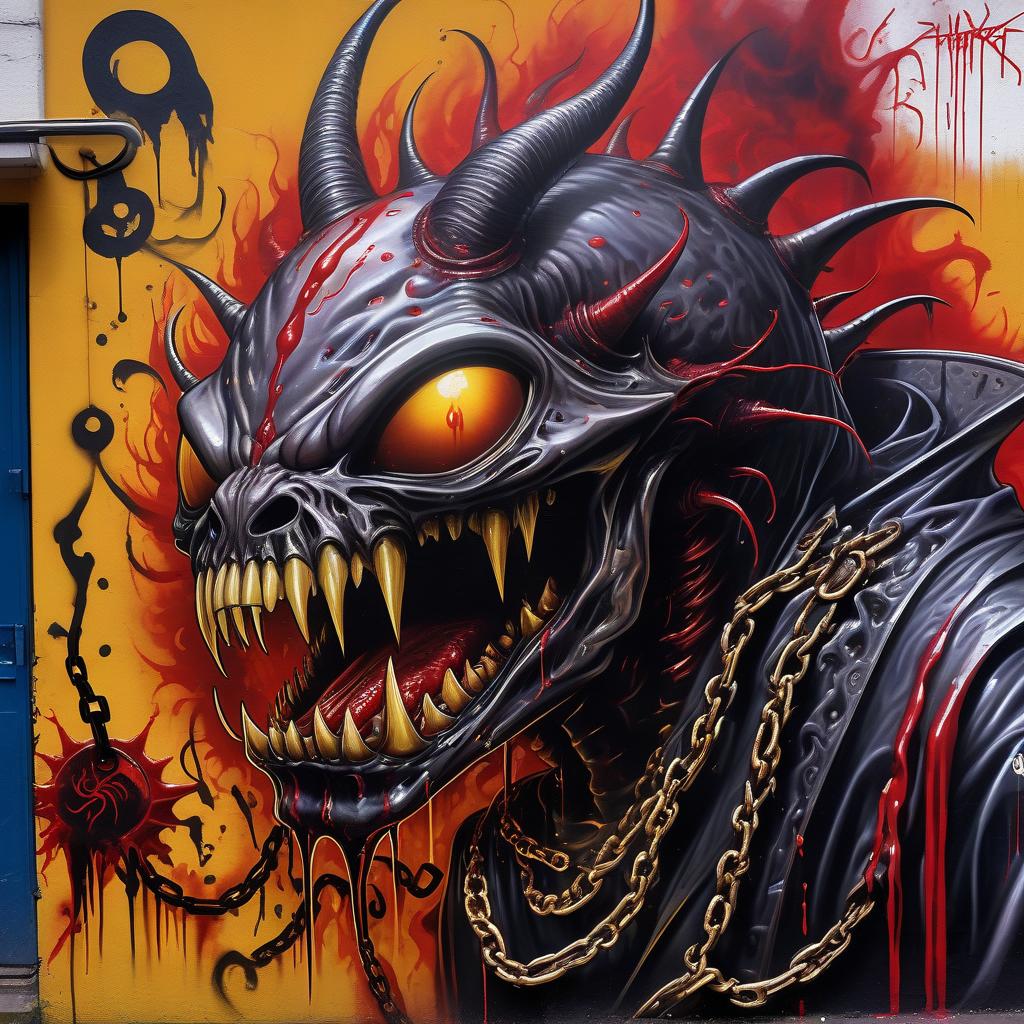  graffiti style лавкрафт whisper giger hellraiser flesh eater demon lurking and eyeless white with red drops flowing black mucus in yellow smoke sharp claws and toothy mouths tentacles with wrapped around a thin body in beautiful priest robes sparks and a chain of fire . street art, vibrant, urban, detailed, tag, mural