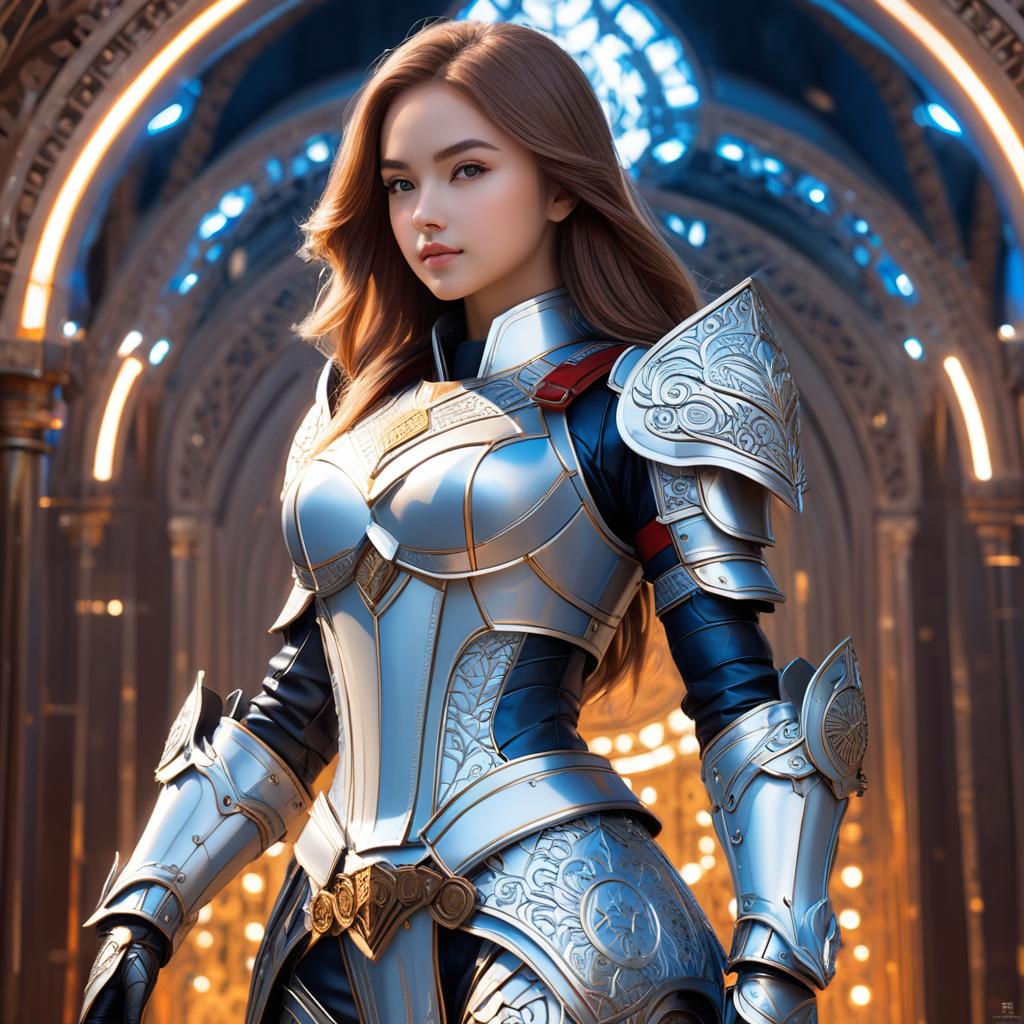  front view, masterpiece, best quality, photorealistic, raw photo, (1girl, looking at viewer), long hair, mechanical white armor, intricate armor, delicate blue filigree, intricate filigree, red metalic parts, detailed part, dynamic pose, detailed background, dynamic lighting, bitcoin orange, award winning, professional, highly detailed, masterpiece