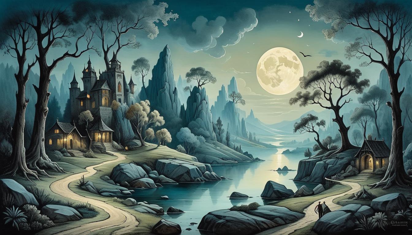  on parchment, surrealism+++, a serene and sharply focused landscape, trees, and rocks vividly detailed, moonlight casting crisp shadows, mystical, clear(mysterious, provocative, symbolic,muted color)+++