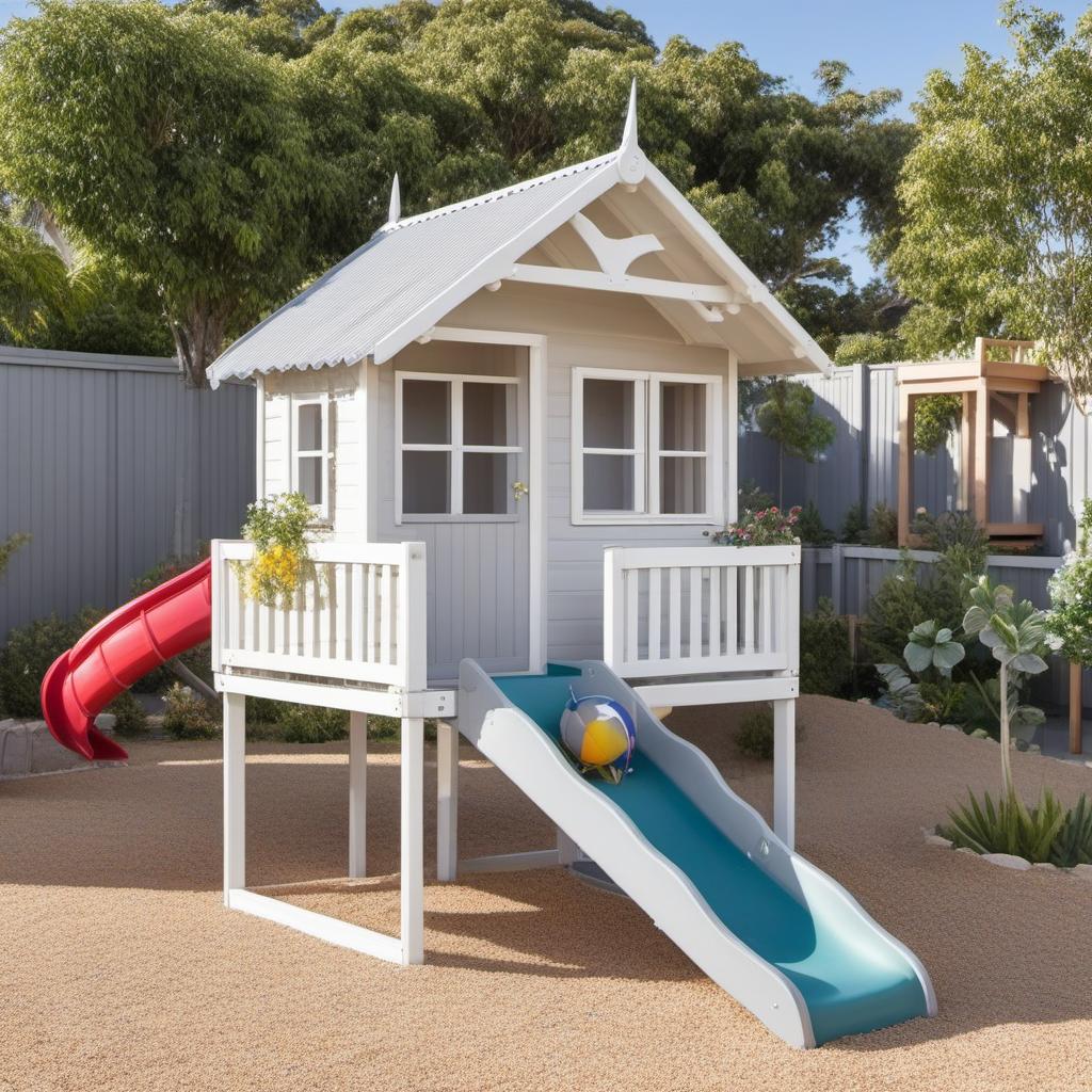  small cubby house on stilts, slide off right, white with light grey trim, verandah, stairs at front. sandpit to left on ground, park kids cars under, profile image style