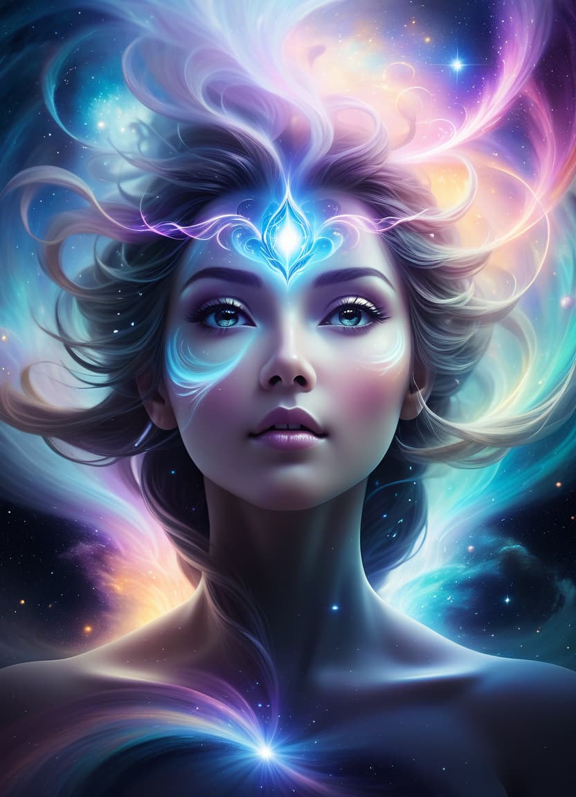  concept art magical fantasy, ethereal character <lora:add detail xl:0.8>, image of a face dissolving in the flow of galactic space and infinity of time, airy colors, pastel tones, soft dark background . digital artwork, illustrative, painterly, matte painting, highly detailed