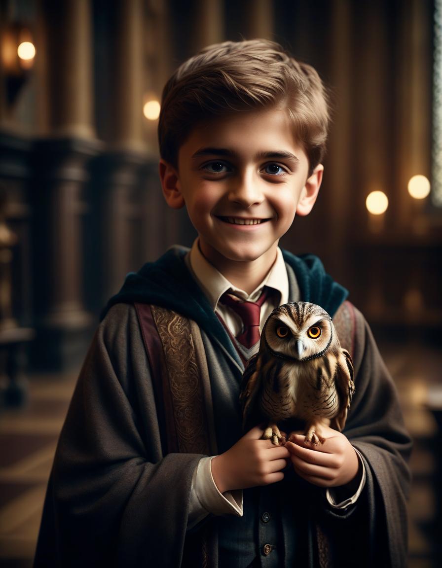  cinematic film still a little bright boy student in hogwarts with an owl. smiles. . shallow depth of field, vignette, highly detailed, high budget, bokeh, cinemascope, moody, epic, gorgeous, film grain, grainy