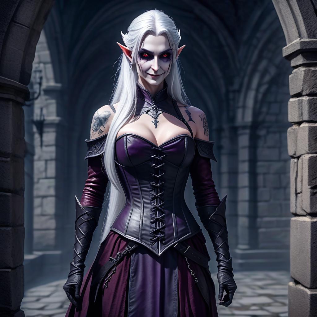  drow. dark elf. elf ears. night elf. dnd. women. ponytail hairstyle. long hair. white hair. silk dress slim. leather corset. mysterious smile. middle ages. many tattoos. european. full length image. obsidian skin. dark purple skin. dark gray skin. shaved temples. fantasy. white tattoos. sly look. criminal. piercing. moonlight. tall. some muscle. european face. castle wall. detailed face. stand full length. uhd, (high quality).