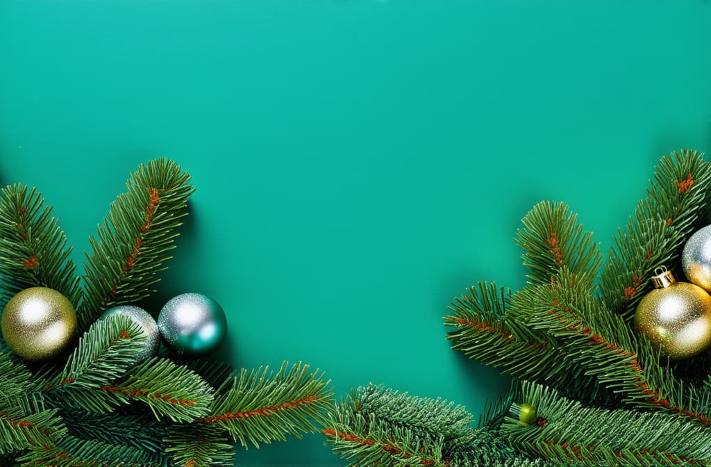  professional detailed photography, new year vertical dark turquoise background with gold and silver balls on fir branches with space for text ar 3:2, (muted colors, dim colors, soothing tones), (vsco:0.3)