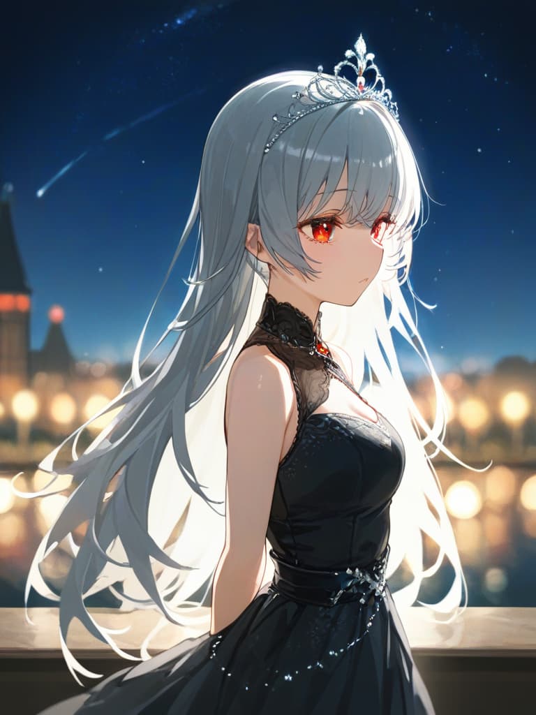  super long long hair, gray hair, long dress, fluttering, red and black dresses, black high heel glittering, night, lunar, red eyes, tiara on the head, diamond tiara , shooting the whole body, masterpiece, best quality,8k,ultra detailed,high resolution,an extremely delicate and beautiful,hyper detail