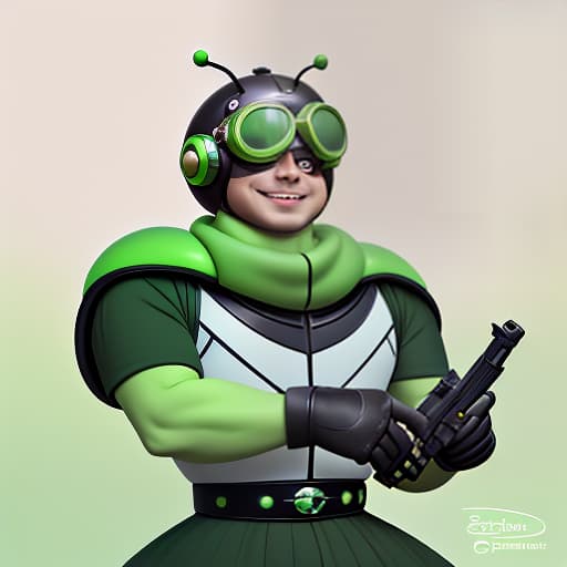  cute cartoon insect beetle character with a green body, big expressive eyes and a smile on his lips. on his head he has a huge brown helmet with goggles, giving him an adventurous look. the insect beetle stands confidently holding a blaster, he has graceful wings and long tendrils. the background is simple and bright inside the starship to emphasize the charm of the funny character with the weapon.