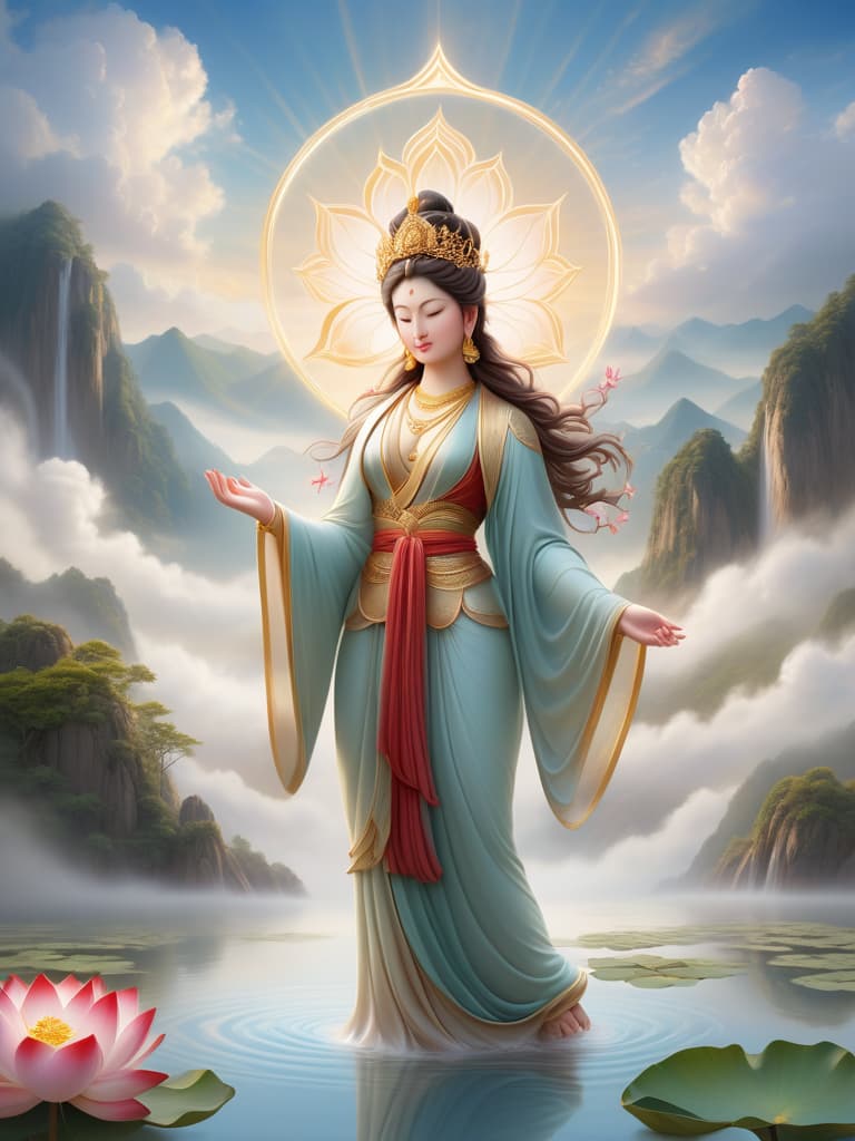  a serene and divine bodhisattva standing in a graceful posture. the bodhisattva is depicted with a peaceful expression, adorned with intricate golden jewelry and a radiant halo around the head. the figure is clothed in flowing, richly detailed robes of deep reds and golds, with subtle patterns symbolizing spiritual wisdom. the bodhisattva holds a lotus flower delicately in one hand, symbolizing purity, while the other hand forms a mudra of blessing. the background is an ethereal landscape with soft clouds, subtle rays of light, and a calm, meditative ambiance.