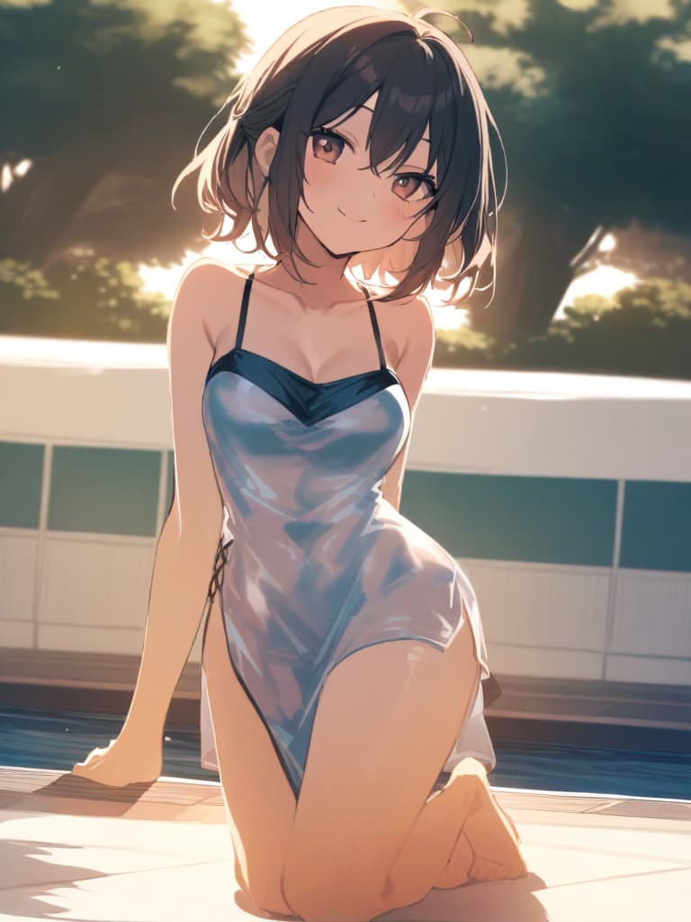  s, s short hair, cute smile, , water dress, whole body, pool side,