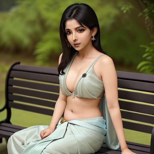  a indian lady sitting on bench and remove her chest bra button show her half chest nude opened saree