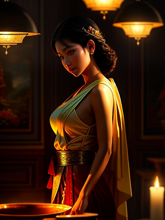  ((detailed)), ((masterpiece)), ((best quality)), ((stunning)), (immersive), meticulous, woman, thai, thai descent, thai people, oil painting, canvas painting, traditional painting, cinematic lighting, evocative lighting, filmic illumination, cinematic atmosphere, long focal length lens, compressed perspective