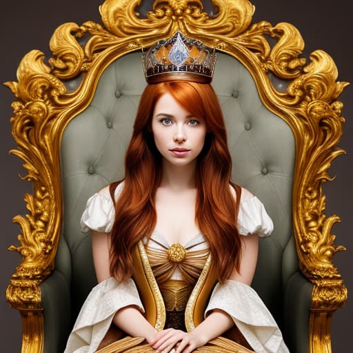  Portrait of a beautiful auburn - haired woman with a guilded crown sitting on a throne with heightened detail