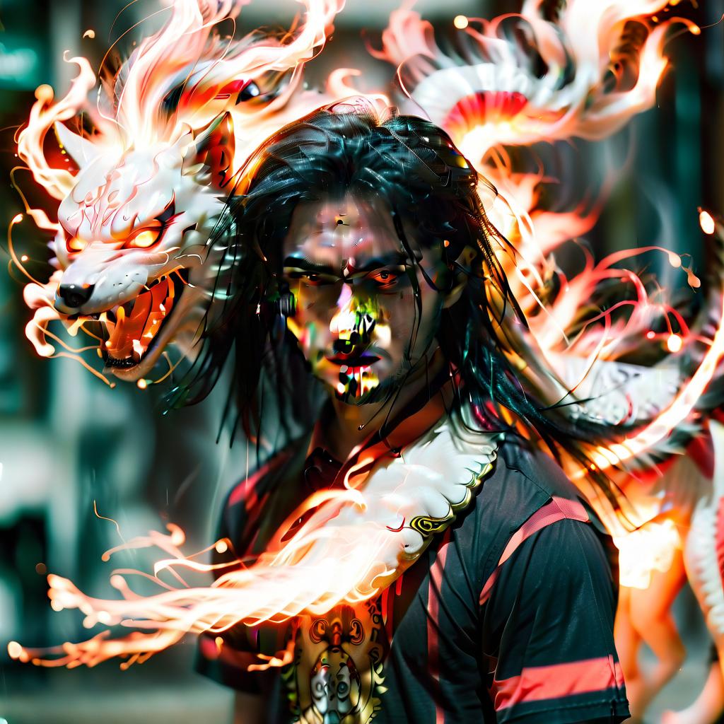  long exposure photo of man with long black hair, kitsune, nine tails . blurred motion, streaks of light, surreal, dreamy, ghosting effect, highly detailed, perfecteyes, film photography style, glowneon