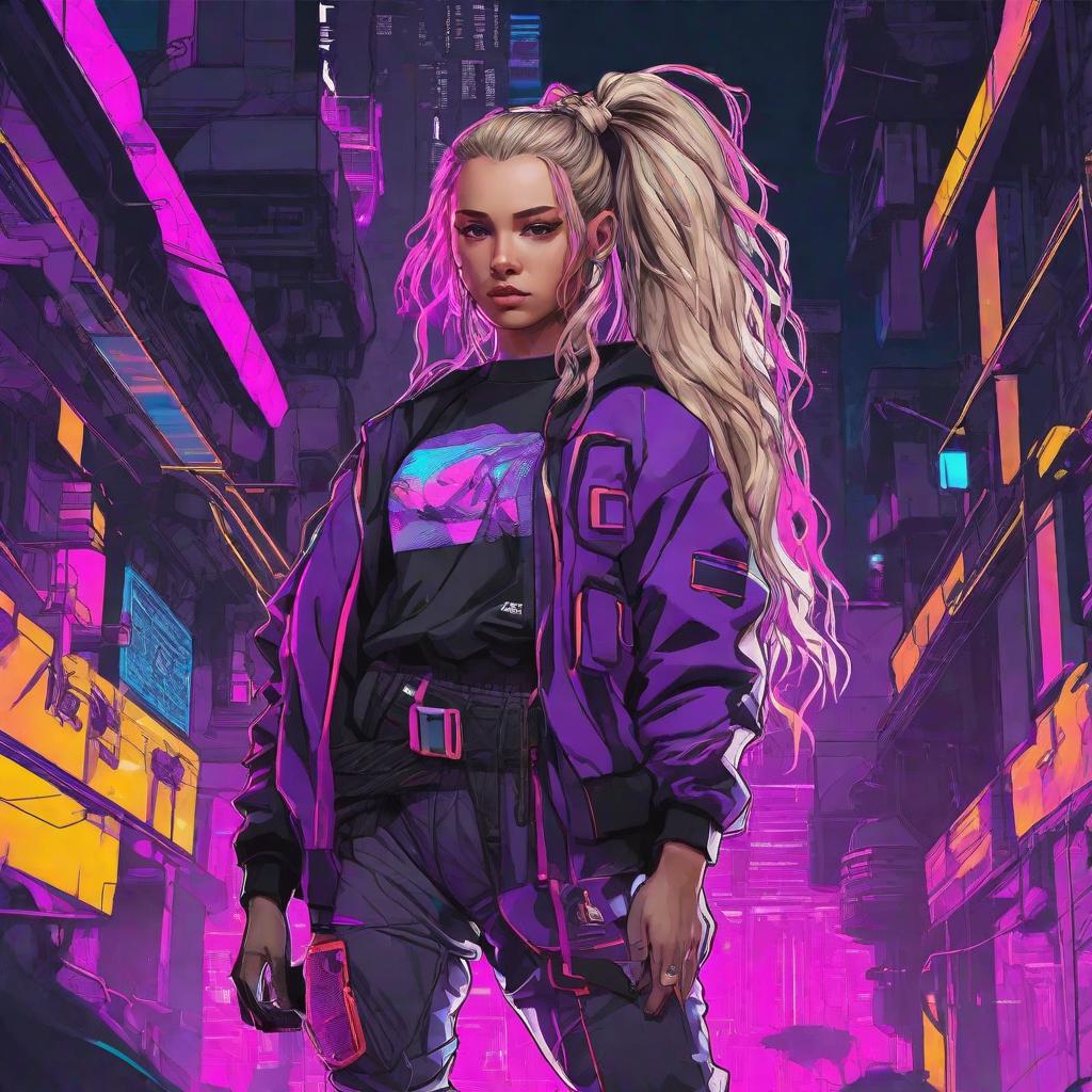  masterpiece, best quality, cyberpunk world purple neon girl in baggy clothes long blonde hair techwear