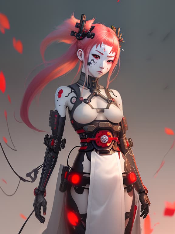  a cyborg samurai girl with sakurai petals sticking out of her head. pale skin, scarlet hair, black eyes, mechanical body, cracks on her face, lots of electronic wires, traditional samurai clothes. full length reference