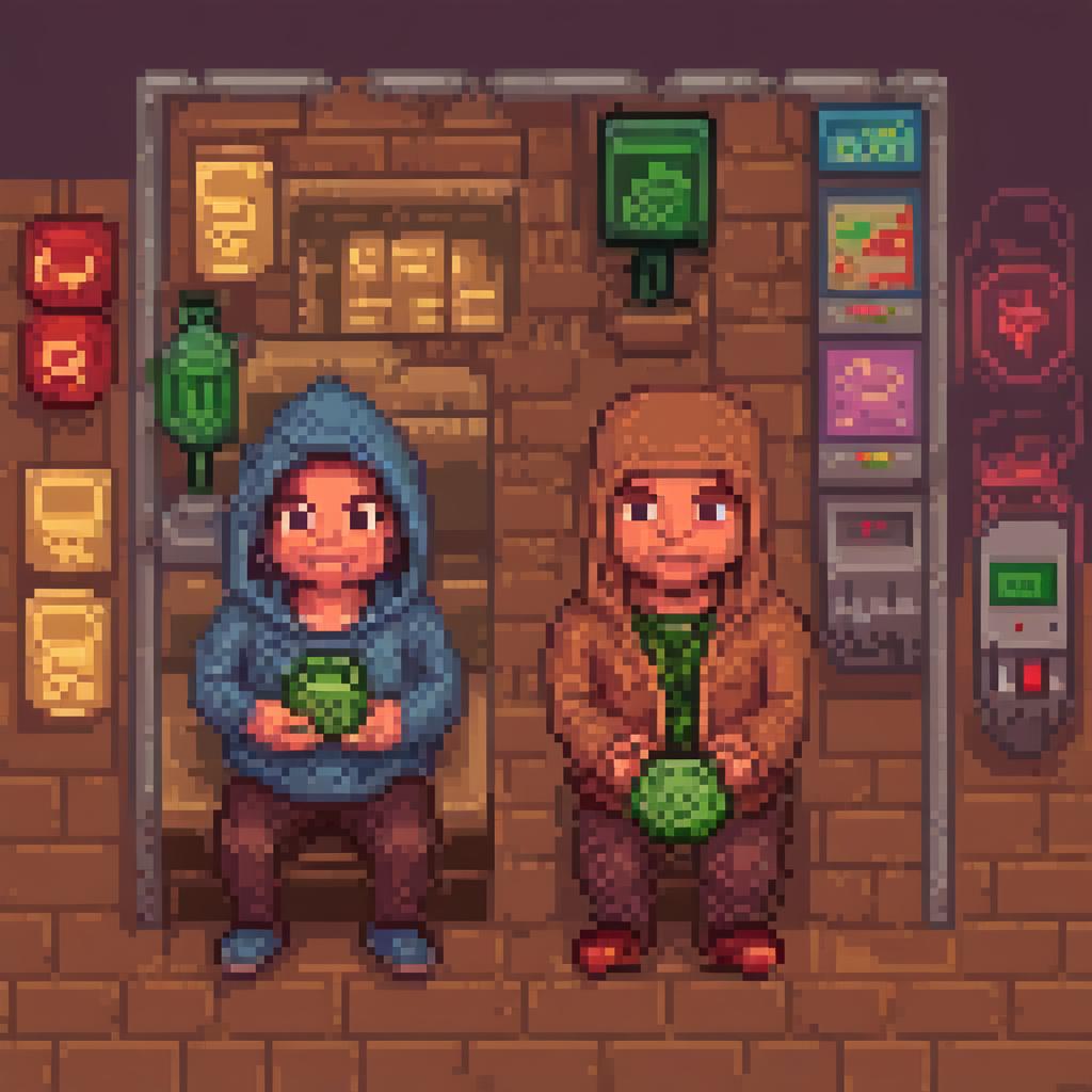  pixel art two friends are in a club in hoods, the first one has a double glass, the second one has a bundle of money. . low res, blocky, pixel art style, 8 bit graphics