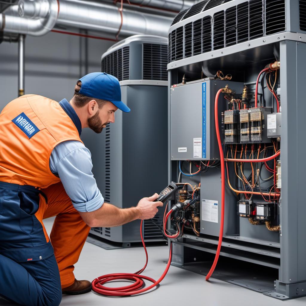  A high-quality image of an HVAC crew at work. The team should be wearing professional uniforms with company logos. Include diverse technicians performing various tasks, such as installing a furnace, checking heat pumps, and maintaining a water heater. The setting should be a clean, organized residential or commercial space with the necessary tools and equipment visible. The crew should appear friendly, competent, and focused on their tasks. hyperrealistic, full body, detailed clothing, highly detailed, cinematic lighting, stunningly beautiful, intricate, sharp focus, f/1. 8, 85mm, (centered image composition), (professionally color graded), ((bright soft diffused light)), volumetric fog, trending on instagram, trending on tumblr, HDR 4K, 8K