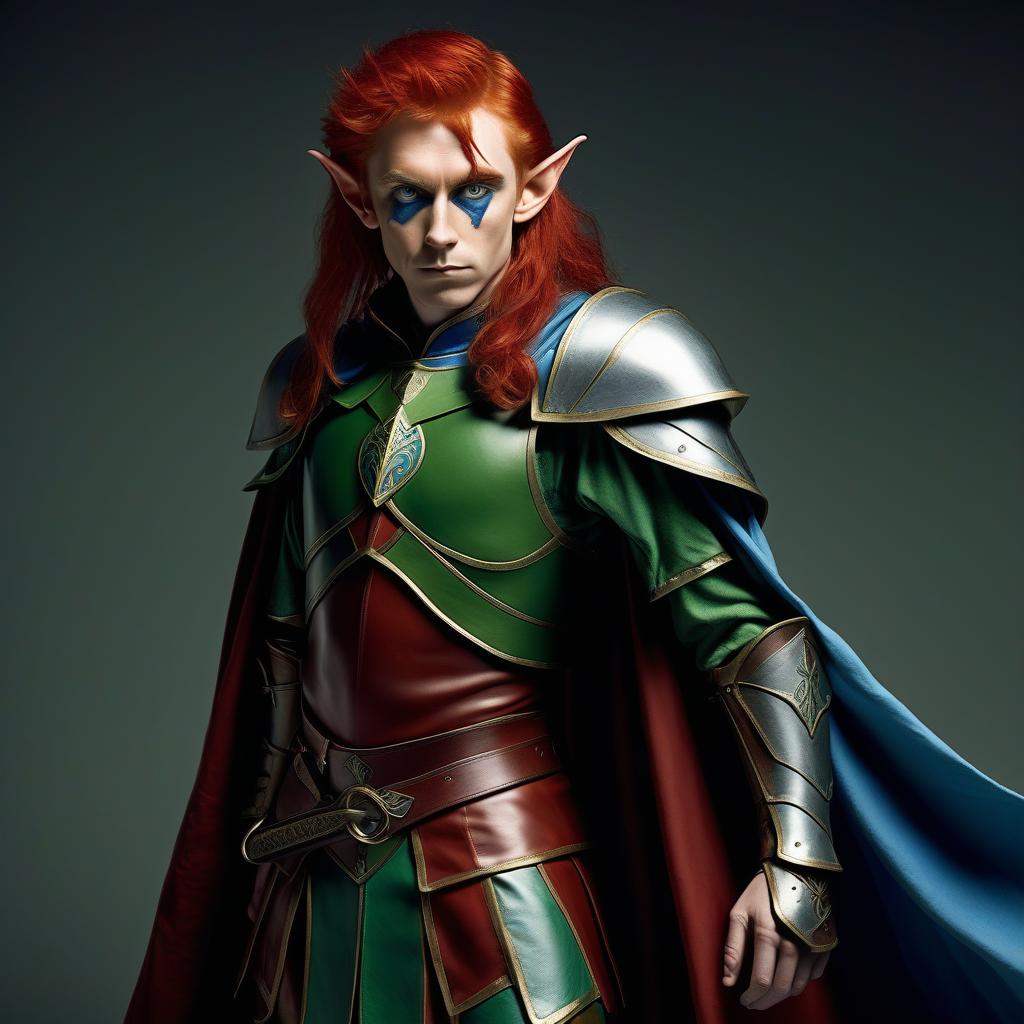  low half elf, red hair in a mocking match with white, one eye green, the second blue, dressed in leather armor and a cape