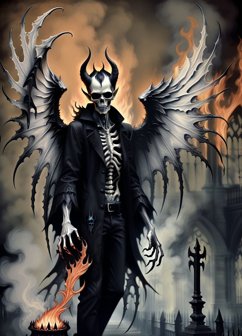  macabre style make him a demon with wings and in his right hand he has a black and white flame . dark, gothic, grim, haunting, highly detailed