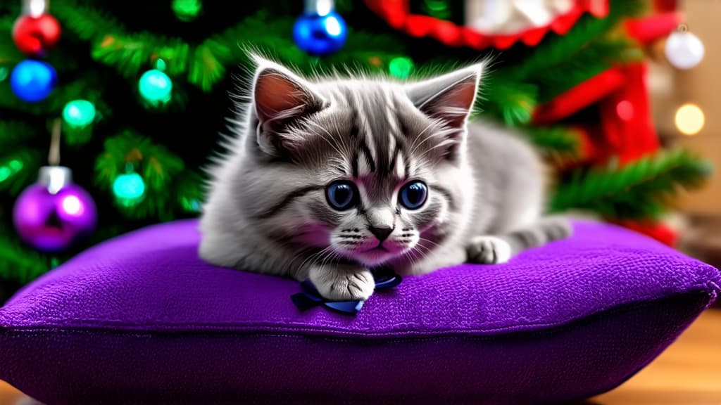  small fluffy gray kitten lying on purple pillow with a bow, on the background of christmas tree, hyper realistic photo, shimmering highlights of colored lights, purple color theme, high quality portrait, christmas card ar 16:9 {prompt}, maximum details