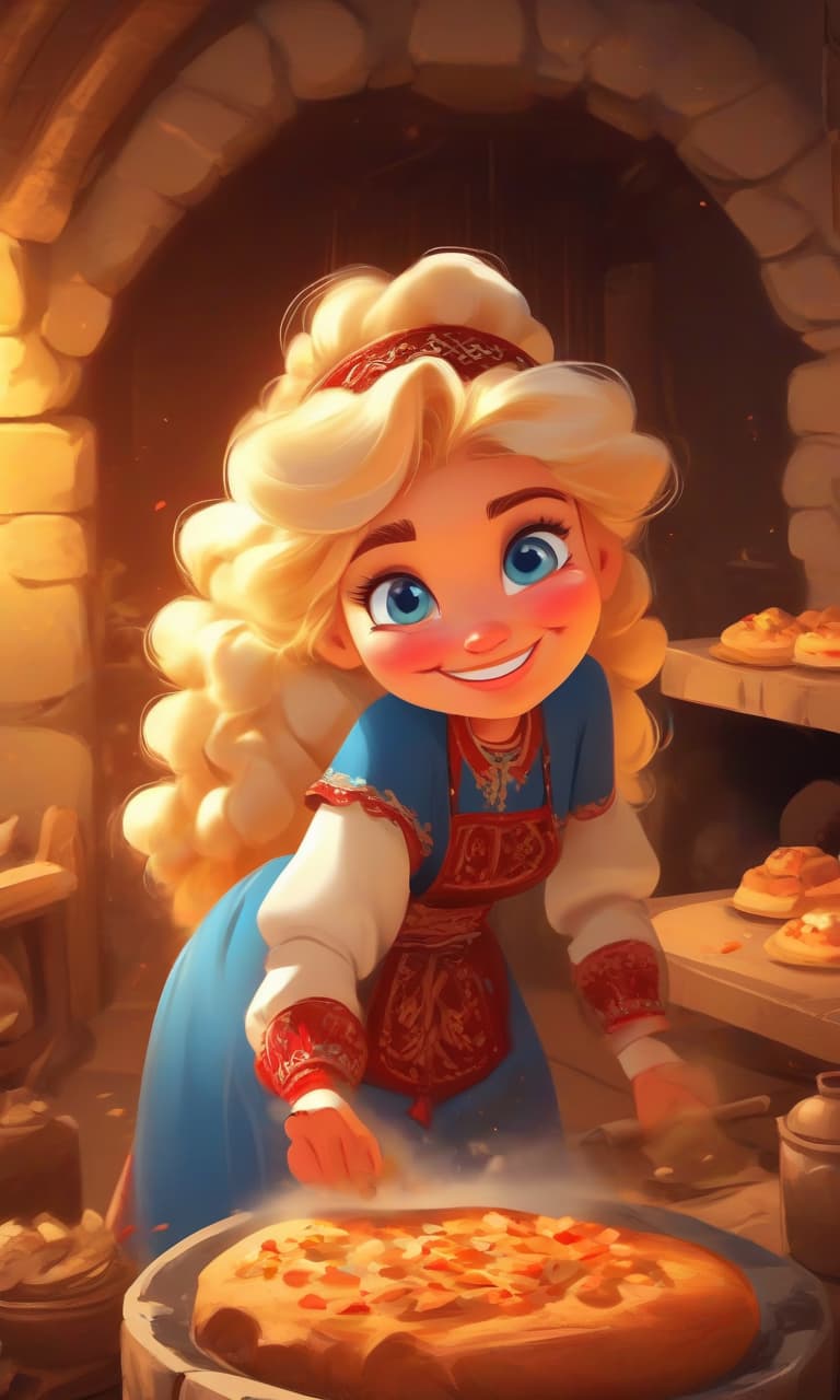  masterpiece, the best quality, a russian woman in traditional clothes prepares cakes in a stone oven, a very light smile, tense, piercing eyes, blue eyes, flowing blond hair, dressed in a traditional russian outfit, cooks in the open air, inside a wooden castle, against the background of an ancient russian throne room in a wooden castle, cartoon style, cute,