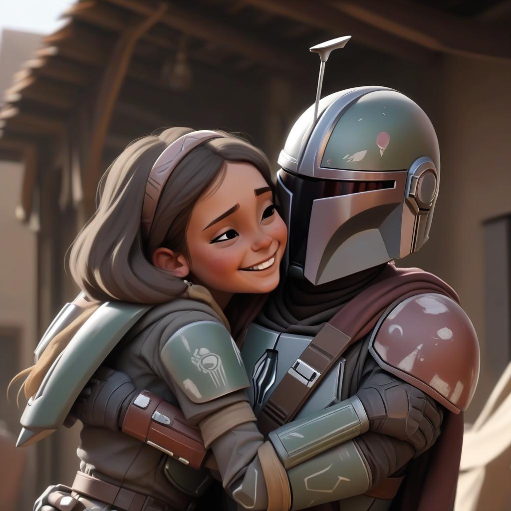  a mandalorian man hugs a girl and they're happy.