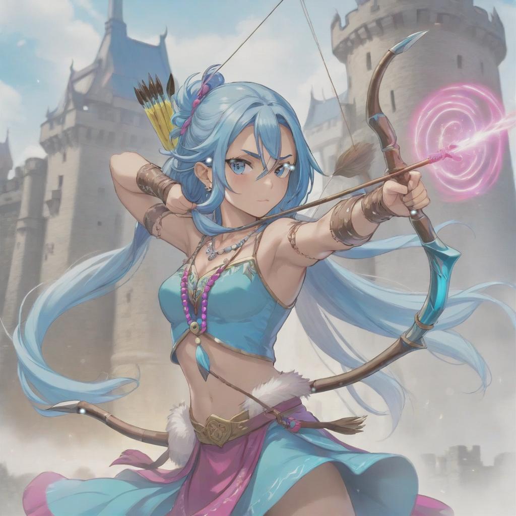  long exposure photo of portrait of strong rage amazonas archer. aqua eye. long blue hair. tilting head down, magenta mantle, shoulder pad feather, accessory necklace with pearls on the forehead, against the background of the castle siege . blurred motion, streaks of light, surreal, dreamy, ghosting effect, highly detailed, sticker, hkmagic