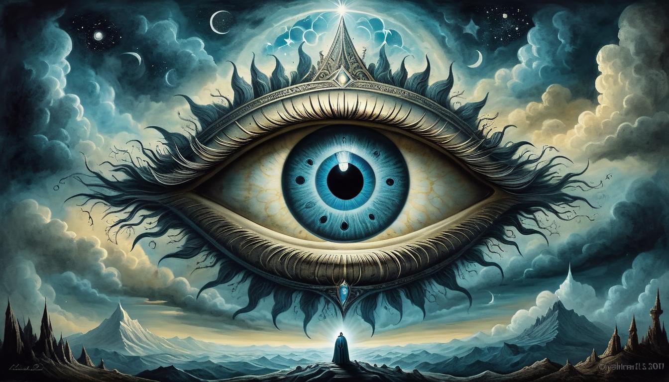  on parchment, surrealism+++, divine eye surrounded by celestial light, piercing through dark clouds, radiant, interference free, pure vision(mysterious, provocative, symbolic,muted color)+++