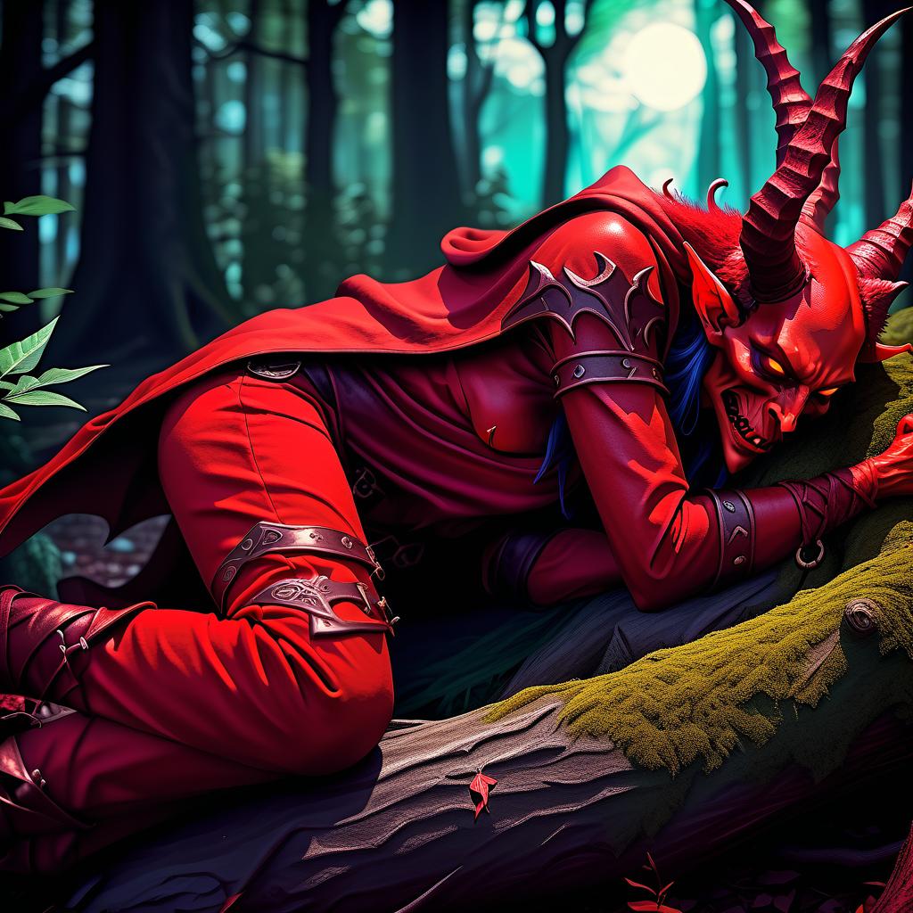  role playing game (rpg) style fantasy red skinny demon rogue sleeps in the woods . detailed, vibrant, immersive, reminiscent of high fantasy rpg games