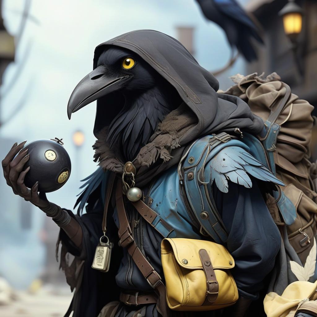  dystopian style black with blue tint avian humanoid race with raven head alchemist, cape, mischievous yellow eyes, smiling, rags and leather cloak with lots of pockets, big backpack with pockets, black bowling ball in hand . bleak, post apocalyptic, somber, dramatic, highly detailed, hkmagic, perfect hands