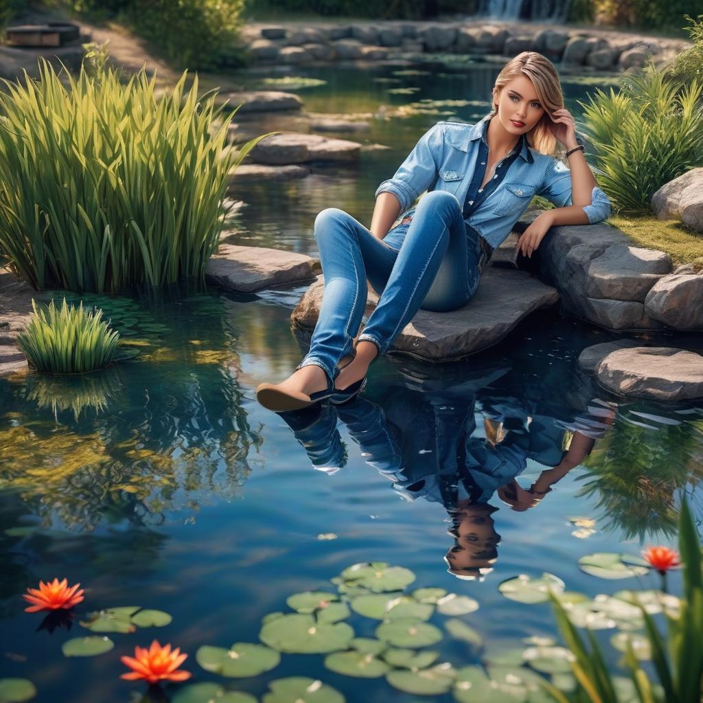  a hot, wearing jeans in the pond, showing off photo realistic, highly intricate and detailed, masterpiece, ultra high res,photography,8k resolution