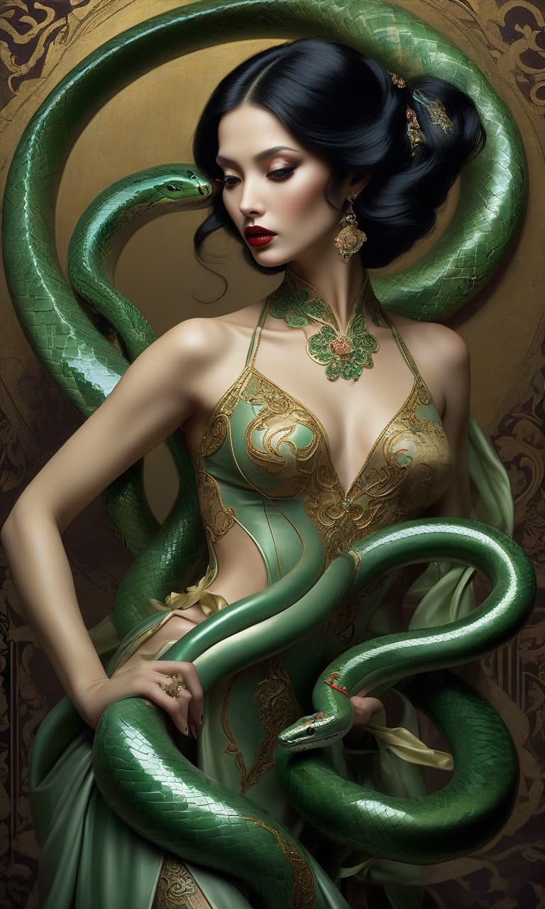  graffiti style a sensual and mysterious adult european woman with porcelain skin and black hair, decorated with an intricate, flowing oriental dance outfit, stands in a statuesque pose, gazing intently at a sinuous green snake, which she gently holds in her hand. the snake, whose body is emerald and olive shades, looks at her with unblinking eyes, as if participating in a dance. the woman's subtle golden skin tones are accentuated by a dark, muted background that goes into shadow, allowing central objects to take center stage. the woman's facial features are refined, with high cheekbones and plump crimson lips slightly parted, which conveys a feeling of calm confidence and mystery. her eyes, deep, piercing brown, sparkle with inner intensit