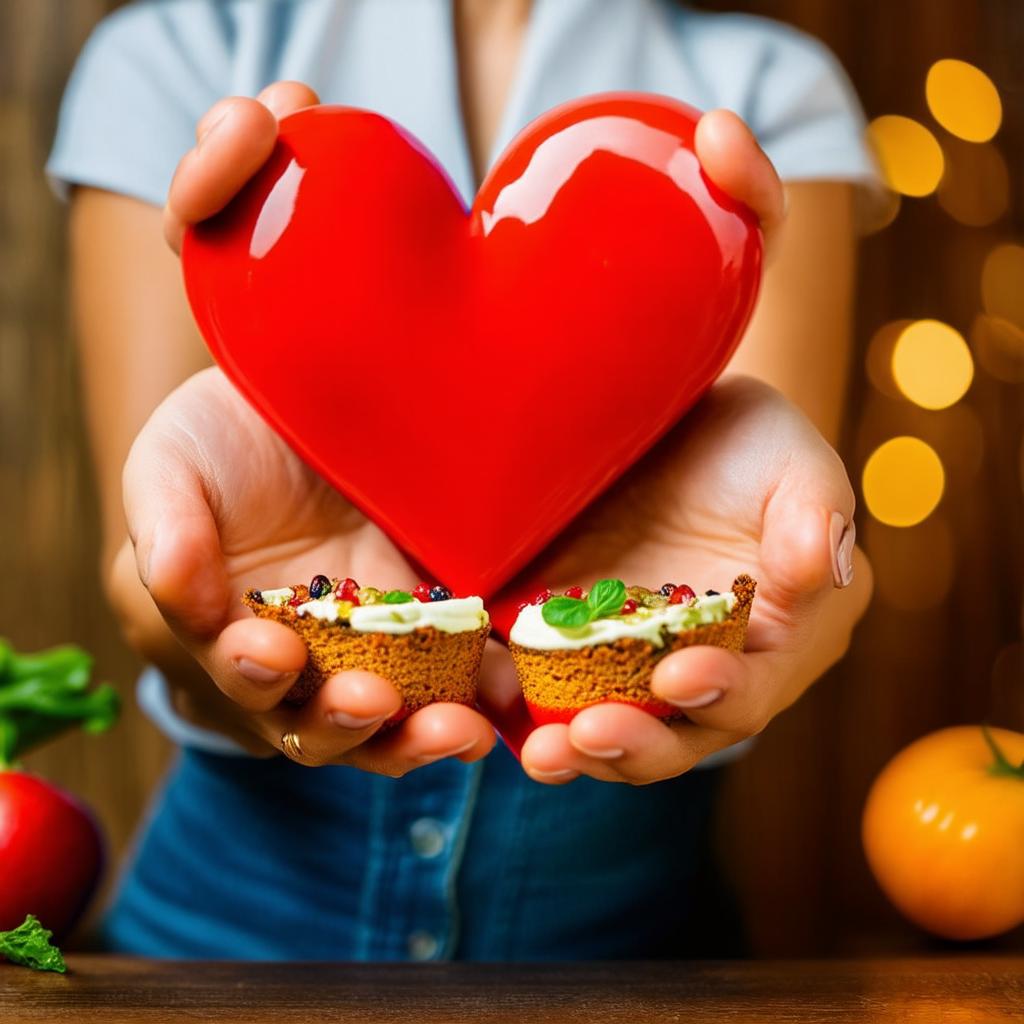  food gourmet photography style, woman holding red heart in hands, appetizing, professional, culinary, high resolution, commercial, highly detailed ,soft natural lighting, macro details, vibrant colors, fresh ingredients, glistening textures, bokeh background, styled plating, wooden tabletop, garnished, tantalizing, editorial quality