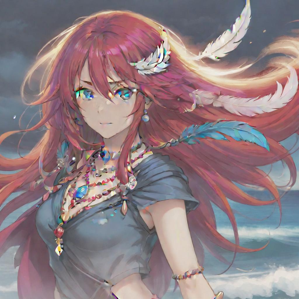  long exposure photo of portrait of strong rage woman valcyria. blue eye. long red hair. tilting head down, magenta mantle, shoulder pad feather, accessory necklace with pearls on the forehead, by the sea . blurred motion, streaks of light, surreal, dreamy, ghosting effect, highly detailed, sticker, hkmagic, perfecteyes