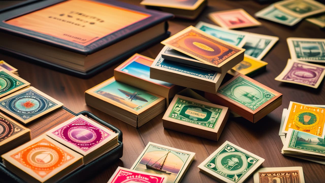  a close up of a vintage wooden stamp album, filled with colorful, rare stamps from around the world, surrounded by magnifying glasses, vintage postcards, and a soft, warm light illuminating the rich textures. hyperrealistic, full body, detailed clothing, highly detailed, cinematic lighting, stunningly beautiful, intricate, sharp focus, f/1. 8, 85mm, (centered image composition), (professionally color graded), ((bright soft diffused light)), volumetric fog, trending on instagram, trending on tumblr, HDR 4K, 8K