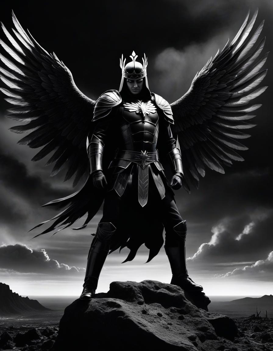  film noir style lucifer on his knees, four wings, legs with claws, white skin, in black armor and a crown, looks at the sky, cries fire, fiery tears, stands on a rock, around the wasteland, the fiery sky. . monochrome, high contrast, dramatic shadows, 1940s style, mysterious, cinematic