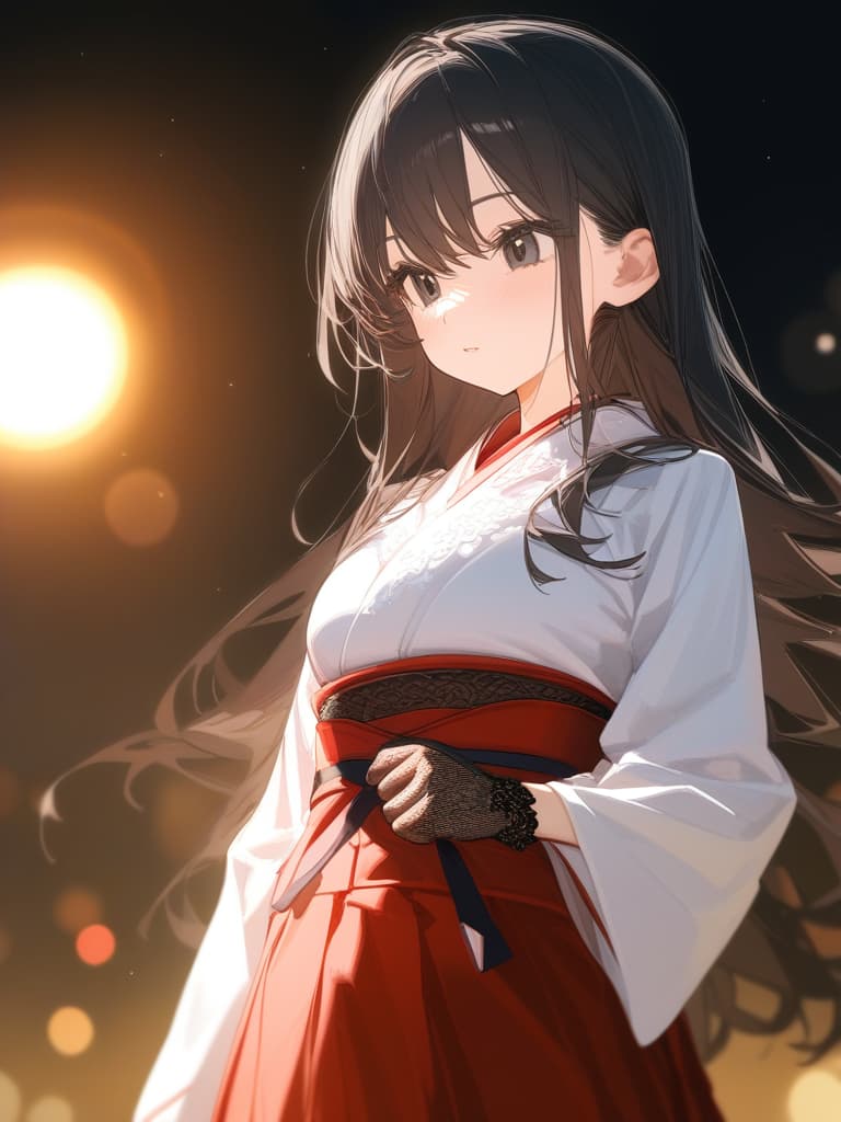  girls, cute face, frill lace, solo, meiji era, kimono, hakama, black lace gloves, red kimonos, long hair, young face, black eyes, dark hair color, sun, masterpiece, best quality,8k,ultra detailed,high resolution,an extremely delicate and beautiful,hyper detail