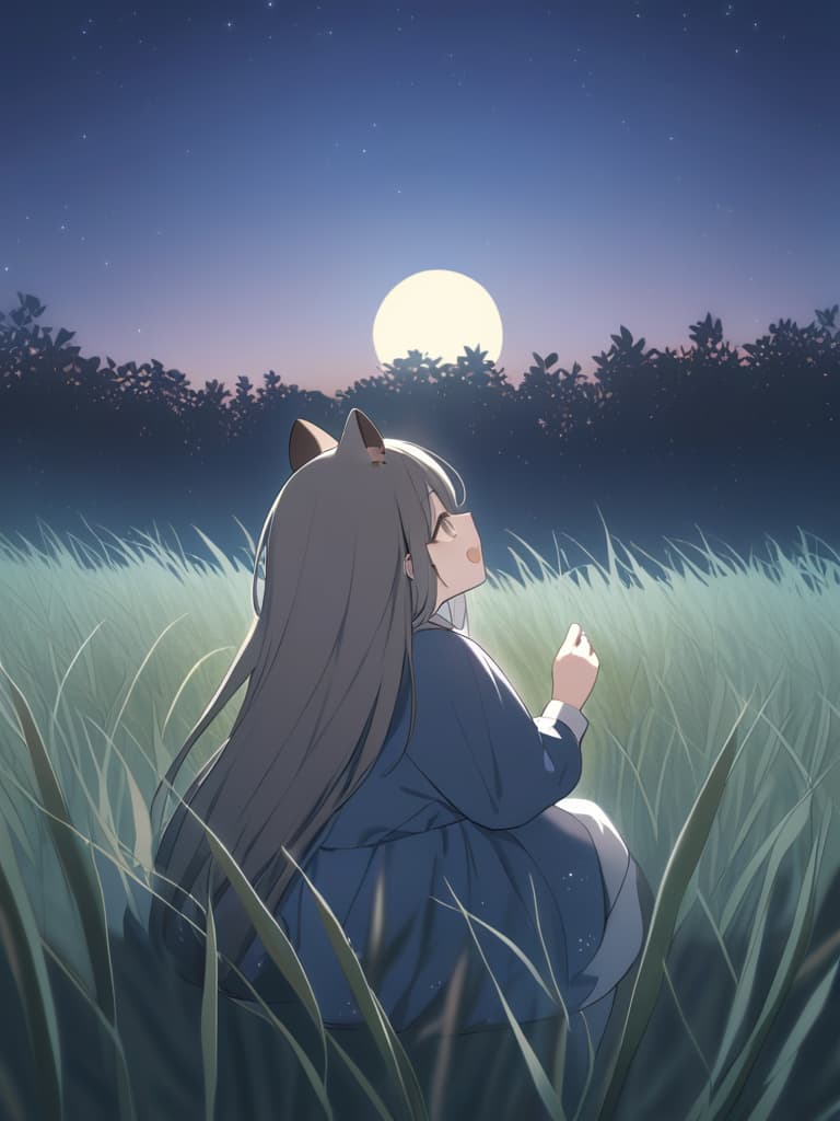  ((looking up at the moon: super cute raccoon)) midnight,full moon,field of silver grass🌾 all over,moon viewing🎑,blur effect,