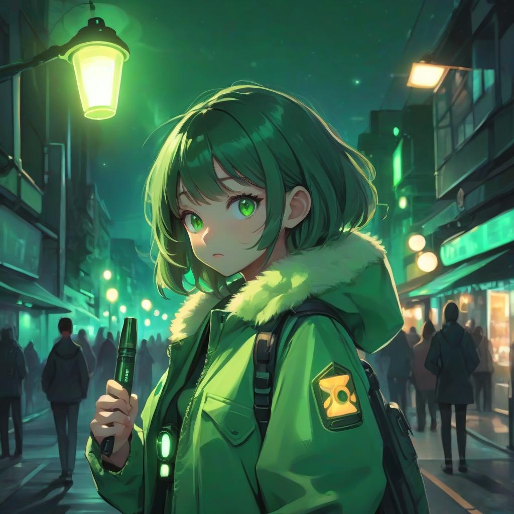  girl in anime style with a flashlight in her hands in a green jacket, green color, street, night, bright lantern, ufo