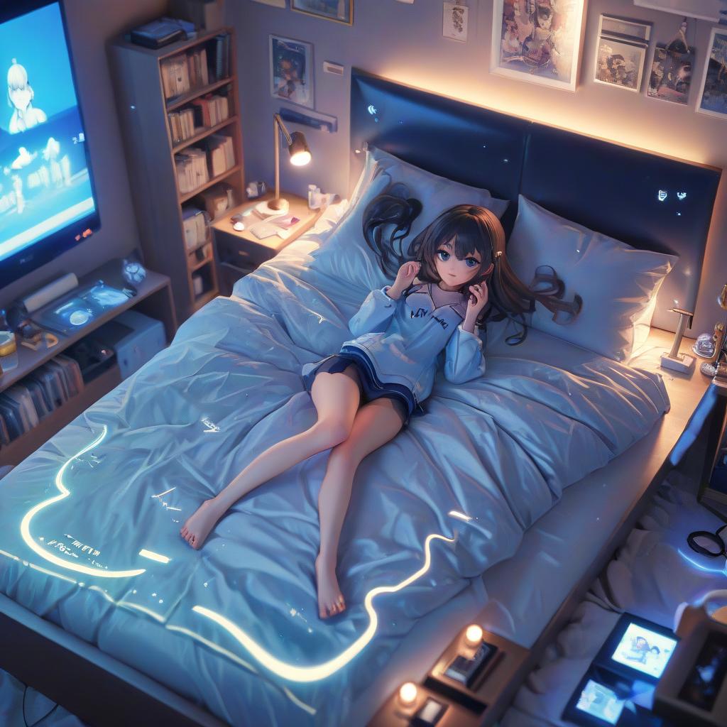  anime artwork blue beautiful in split on bed . anime style, key visual, vint, studio anime, highly detailed, hkmagic, glowneon