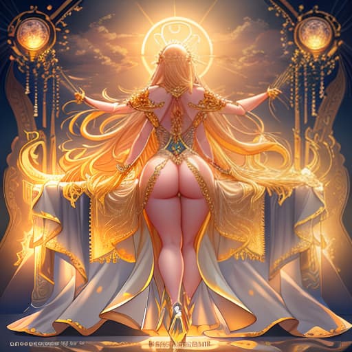  Goddess of the sun with golden hair, view from behind NSFW hyperrealistic, full body, detailed clothing, highly detailed, cinematic lighting, stunningly beautiful, intricate, sharp focus, f/1. 8, 85mm, (centered image composition), (professionally color graded), ((bright soft diffused light)), volumetric fog, trending on instagram, trending on tumblr, HDR 4K, 8K
