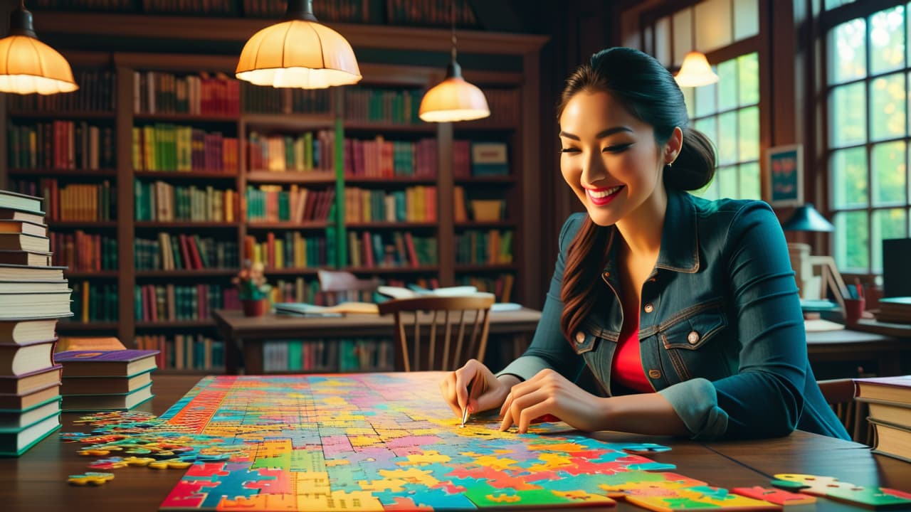  a whimsical workshop filled with colorful jigsaw puzzles, brain teasers, and intricate mazes, featuring a person joyfully arranging pieces on a large table surrounded by books, notes, and a chalkboard full of puzzle ideas. hyperrealistic, full body, detailed clothing, highly detailed, cinematic lighting, stunningly beautiful, intricate, sharp focus, f/1. 8, 85mm, (centered image composition), (professionally color graded), ((bright soft diffused light)), volumetric fog, trending on instagram, trending on tumblr, HDR 4K, 8K