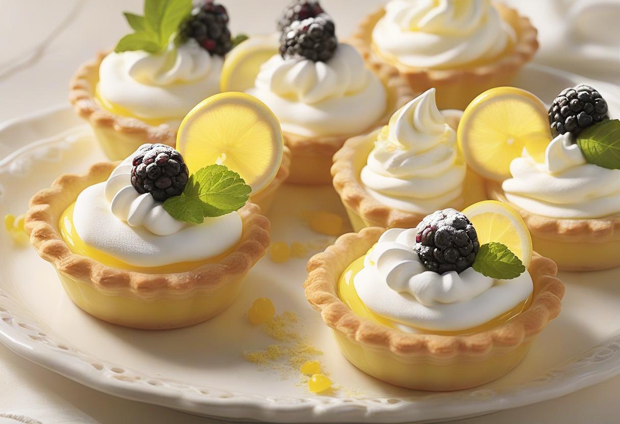  create an image of the cutest small lemon pie tarts, each with a unique design and topping. the tarts should look incredibly delicious and fresh, with vibrant yellow lemon filling. some tarts have golden brown crusts with delicate swirls of whipped cream, others are topped with fresh berries, mint leaves, or a sprinkle of powdered sugar. each tart should have a slightly different design but all look perfect beyond belief. the scene should feel inviting and warm, like they are ready to be served for a special occasion.